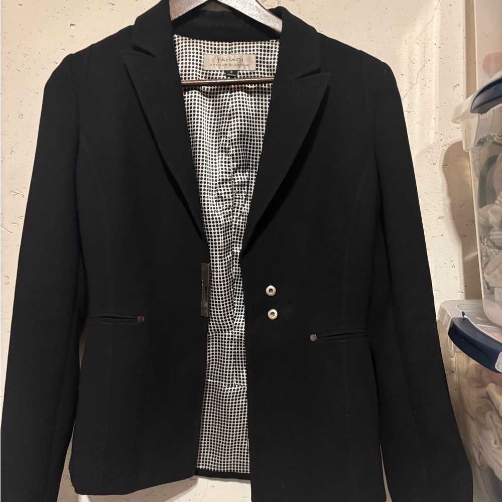Tahari Black Blazer with Polka Dot Lining